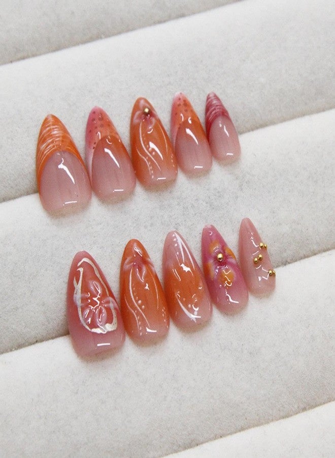 Sevgob Handmade Press on Nails Medium Almond Fake Nails with 3D Flower Design Water Ripple Glue on Nails Glossy Fall Nail Reusable Summer False Nail for Women Girls Manicure 24pcs - Image 4
